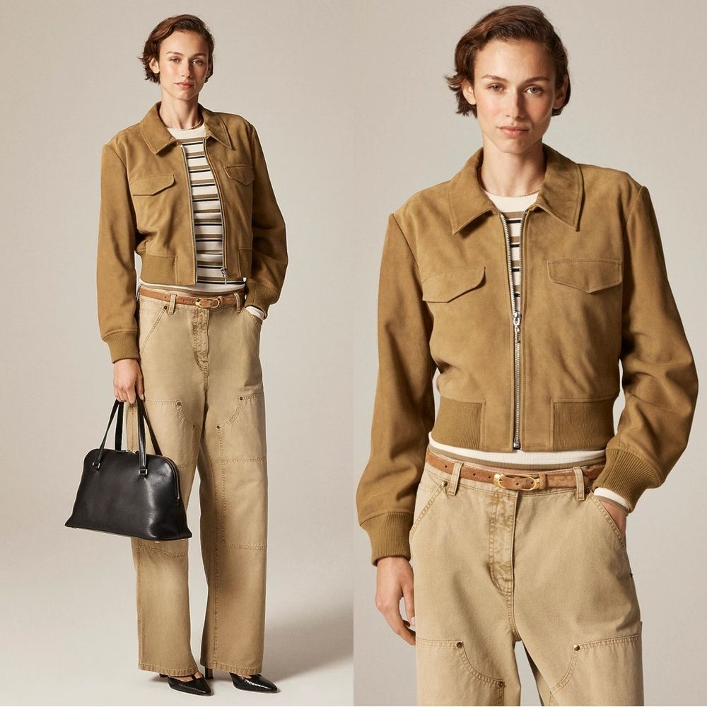 J CREW Collection cropped flight jacket in suede in “Dark Ash”
